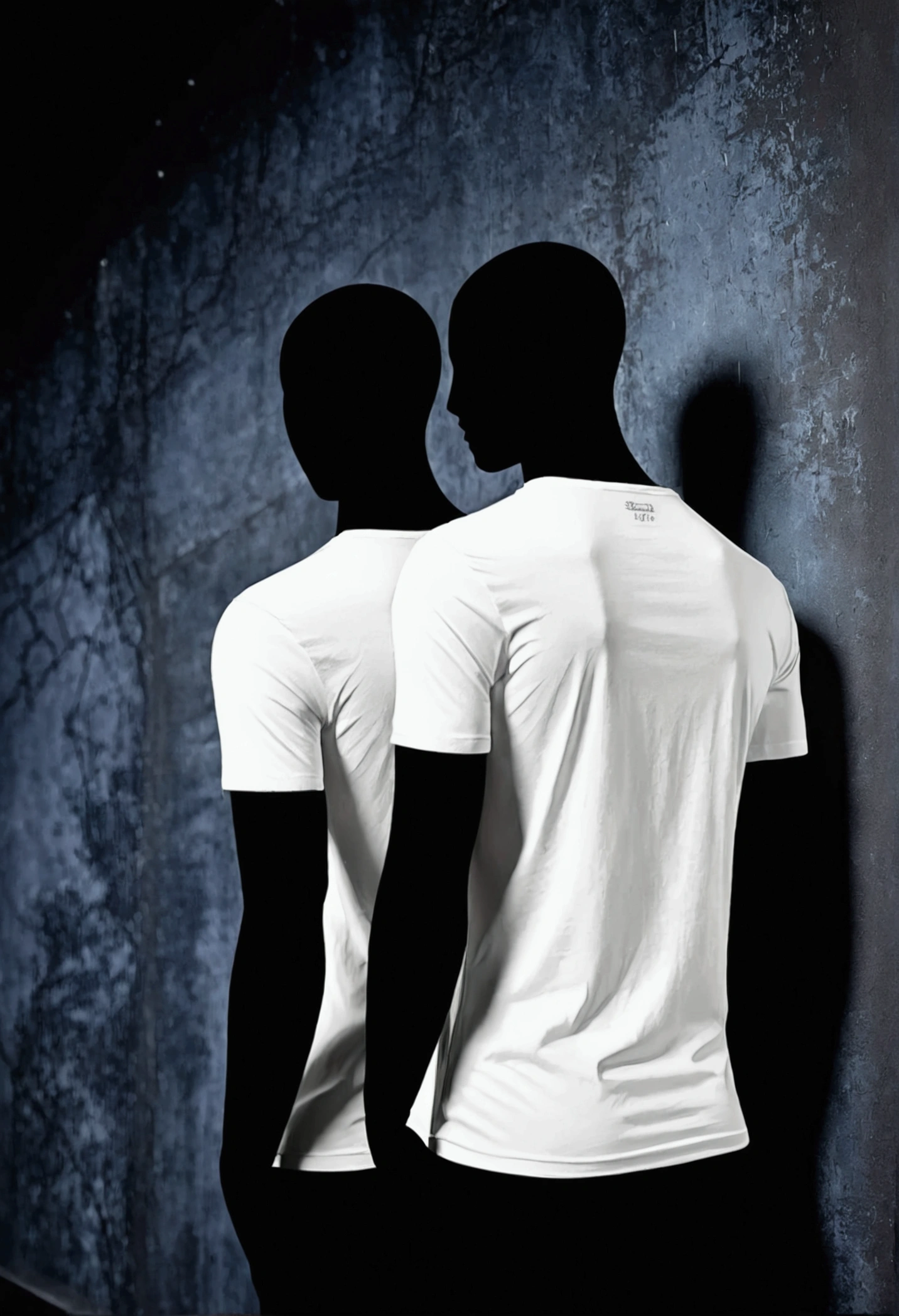 Recent Chats White Tees Room is dimly lit, with a moody atmosphere created by the dark, textured walls. In the center there are two mannequin torsos, each adorned with an impeccable white t-shirt. White Tees modela la vista frontal, Its elegant shape shows the classic V-neck design. White Tees looking in the opposite direction, shows off the clean lines and simplicity of the back of the t-shirt