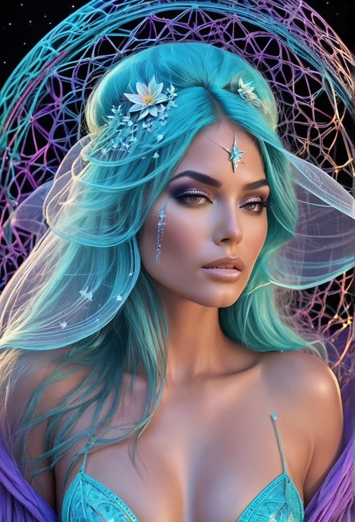 masterpiece, Best quality, ultra high resolution, extremely detailed, (psychedelic art:1.4), woman, Veil, Visually breathtaking, Nice, award-winning illustration, cosmic space background, ethereal atmosphere, Ultra quality, latina, Adult Model Daisy Marie, Cosmic concept, 3D hologram cords, transparent skin, pearly veins, that grow out of the darkness and intertwine, nailed wire, Thick blue blood seeped out of him, sharp neon, Veins grow and pump blood, Vascular networks grow, Purple turquoise 3D hologram shiny veins everywhere, luminous room, Shining Stars, inspired by “Celestial Dreams”. on an alien planet, in an alien temple