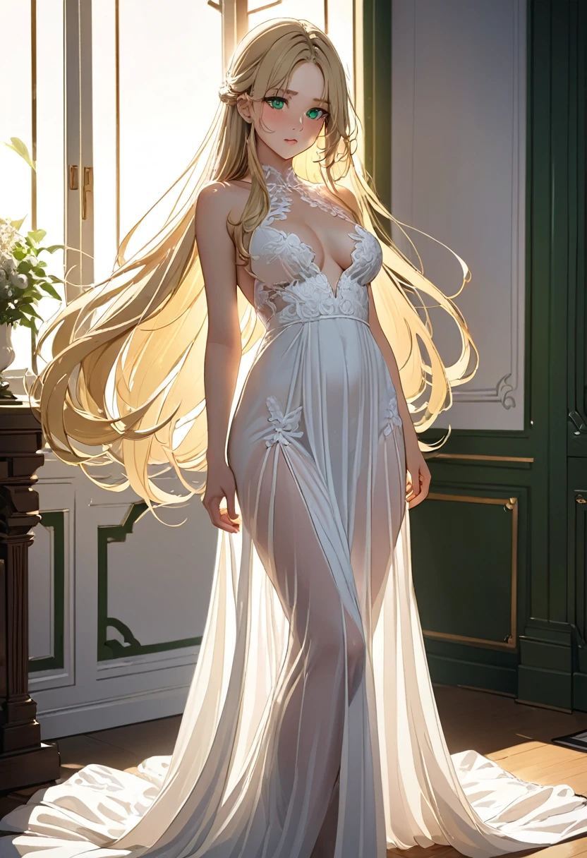 green eyes, masterpiece, best quality, clear face, blush, large chests, white dress,
blonde hair, absurdly long hair, standing, head to thighs, extremely detailed delicate fine,
backlighting, sidelighting