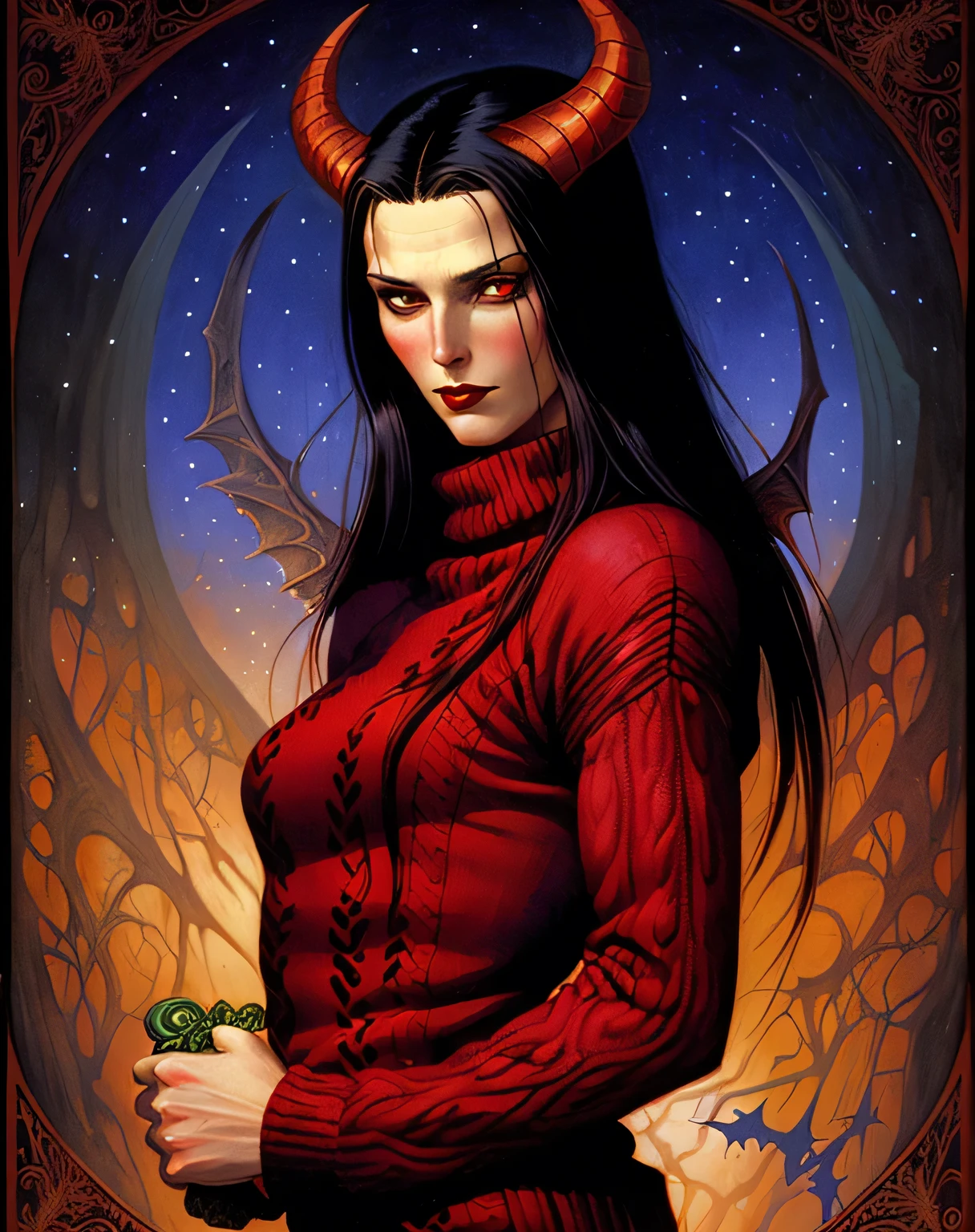 stunning pretty woman, 1s a demon, wearing a christmas sweater, upper body, art by gerald brom