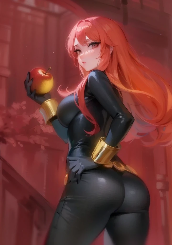 The image is a digital illustration of a red-haired woman wearing a sleek, tight-fitting black latex leather bodysuit. She also wears a belt made with golden circles at the waist and a golden wrist guard adorned with golden sticks at the wrist. She is holding an eaten apple. Her posture and the expression suggested through the descriptions convey confidence and a combination of boldness and seductiveness. The use of color, posture, and expression in the illustration suggests a narrative or character of significant power or intrigue, possibly in a fantasy or superhero context, with a blend of traditional and modern elements reflecting a complex character identity.