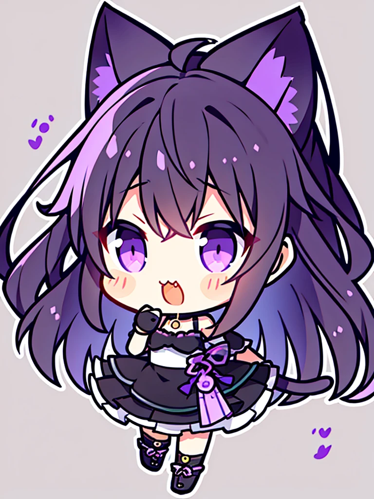 Generate an image from a ,with cat ears,black wavy hair,sharp purple eyes,generate a tuber png image with other expressions in chibi format