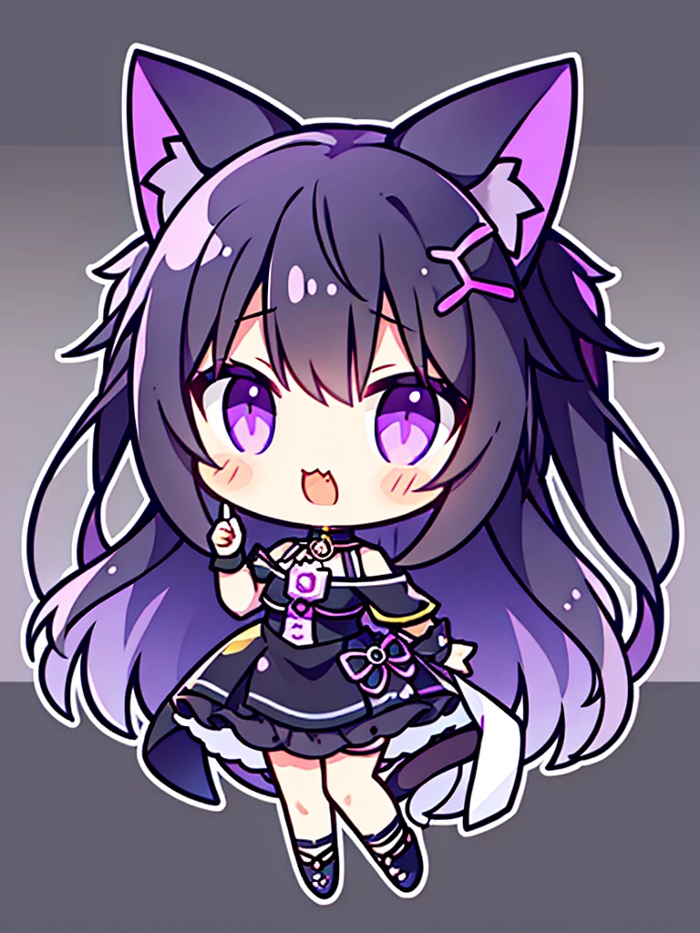 Generate an image from a ,with cat ears,black wavy hair,sharp purple eyes,generate a tuber png image with other expressions in chibi format