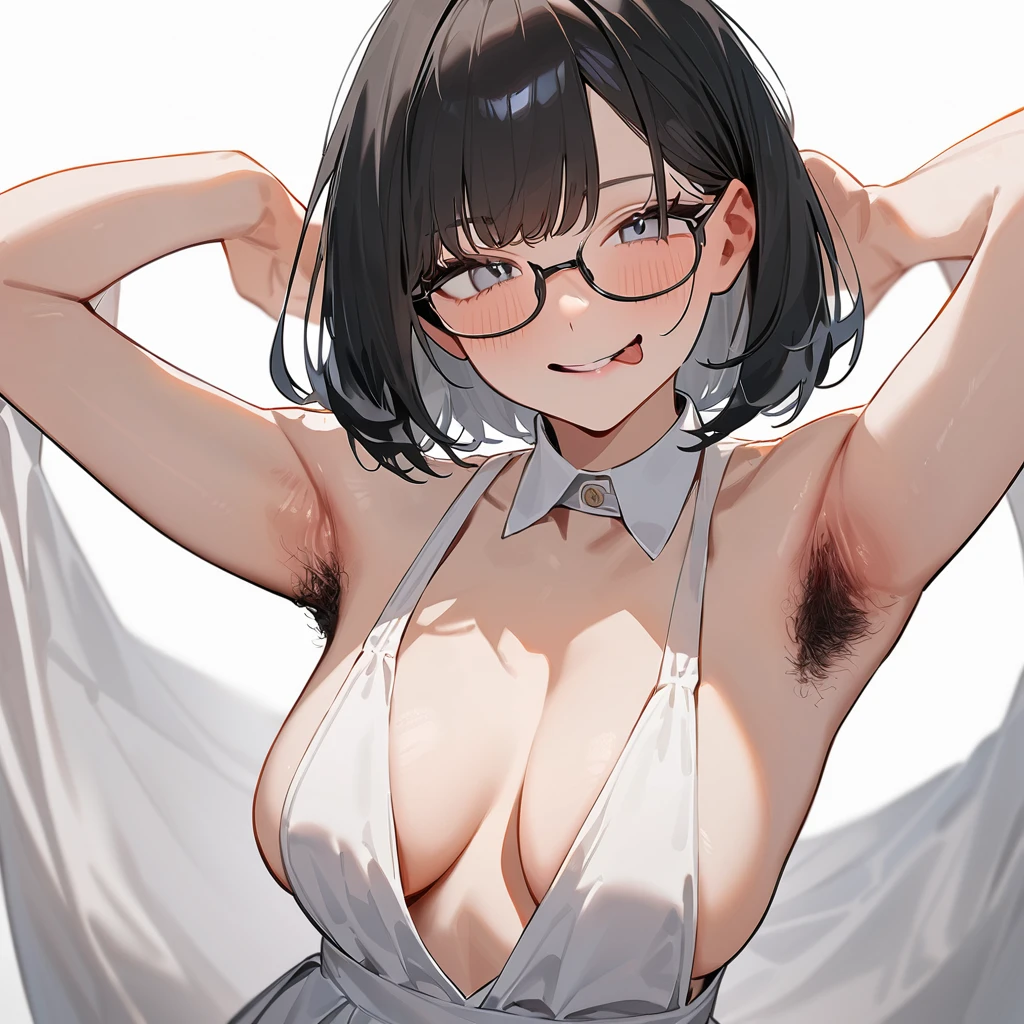 masterpiece, Highest quality, so beautiful, Absurd,
The subject is one girl, ,Black Hair, Bobcut,Thermont 16A, Glasses,
Collared shirt, Flared long skirt、Smiling and sticking out tongue、Armpit Hair、Hair growing under the arms、She is raising her arms to show her armpits to the camera、View your viewers, White Background, Simple Background,The subject's entire body is captured、NSFW、