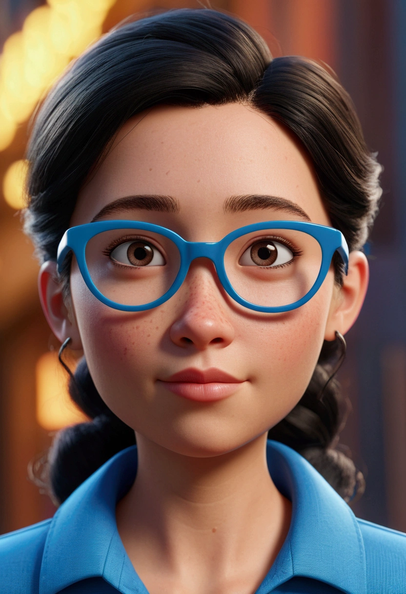 Cartoon character of a woman in black glasses and blue shirt, animation character, stylized character, animation style rendering, 3d stylized, Arnold Maya rendering, Stylized 3D rendering, toon render screenshot, 3d character, 3d character, Stylized 3D rendering, 3D character rendering, cartoon character, Personagem de close up, character posing, (Pixar-style) (master part:1.2) (bokeh) (best qualityer) (skin detailed) (detailed texture) (8k) (Argilla) (cinematic lighting) (sharp focus