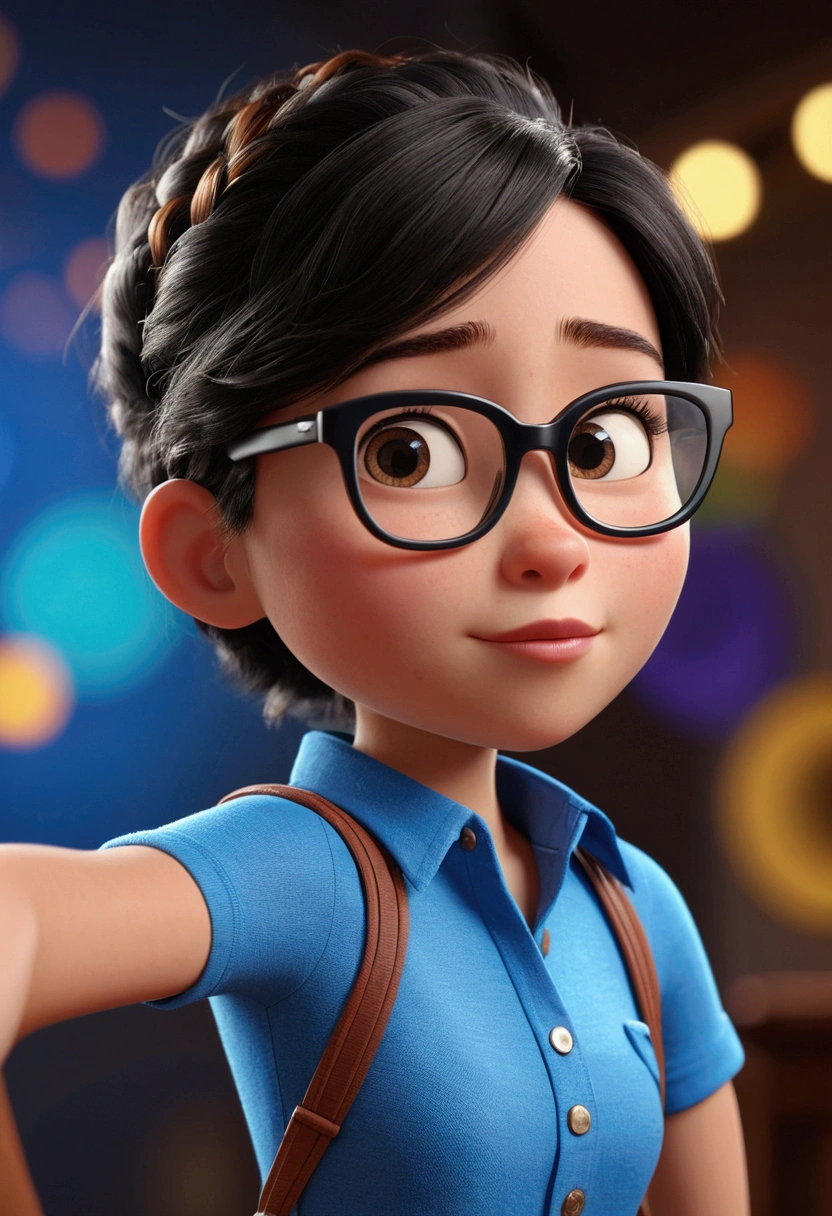 Cartoon character of a woman in black glasses and blue shirt, animation character, stylized character, animation style rendering, 3d stylized, Arnold Maya rendering, Stylized 3D rendering, toon render screenshot, 3d character, 3d character, Stylized 3D rendering, 3D character rendering, cartoon character, Personagem de close up, character posing, (Pixar-style) (master part:1.2) (bokeh) (best qualityer) (skin detailed) (detailed texture) (8k) (Argilla) (cinematic lighting) (sharp focus