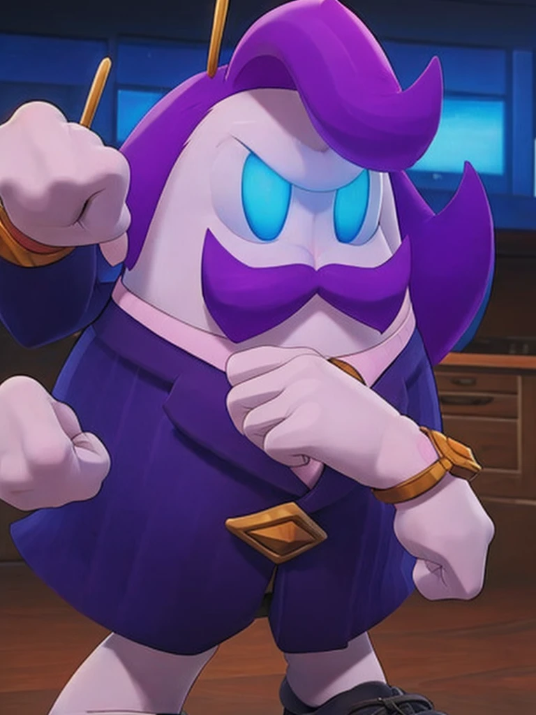  haltmann, purple hair, purple mustache, arms, wearing a dark blue suit with pink vertical lining, pink shirt, red tie, black shoes, gold suit button with a red diamond, pale purple gloves, pink cuffs, pale purple skin, blue eyes, golden earpiece with antenna