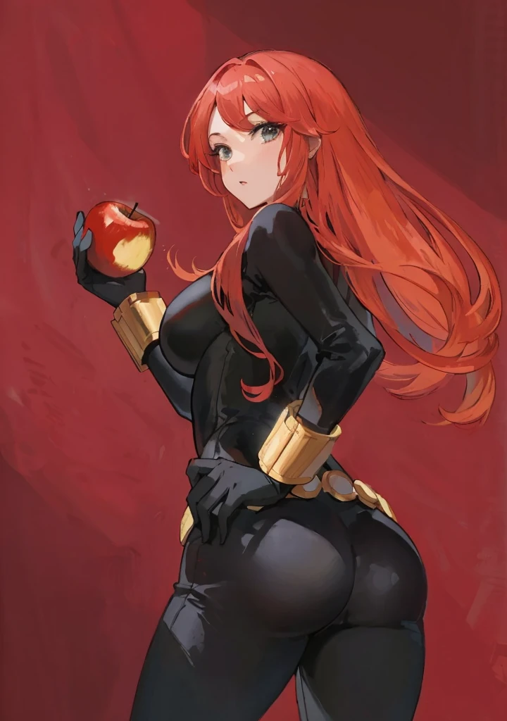 The image is a digital illustration of a red-haired woman wearing a sleek, tight-fitting black latex leather bodysuit. She also wears a belt made with golden circles at the waist and a golden wrist guard adorned with golden sticks at the wrist. She is holding an eaten apple. Her posture and the expression suggested through the descriptions convey confidence and a combination of boldness and seductiveness. The use of color, posture, and expression in the illustration suggests a narrative or character of significant power or intrigue, possibly in a fantasy or superhero context, with a blend of traditional and modern elements reflecting a complex character identity.