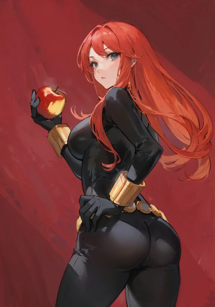 The image is a digital illustration of a red-haired woman wearing a sleek, tight-fitting black latex leather bodysuit. She also wears a belt made with golden circles at the waist and a golden wrist guard adorned with golden sticks at the wrist. She is holding an eaten apple. Her posture and the expression suggested through the descriptions convey confidence and a combination of boldness and seductiveness. The use of color, posture, and expression in the illustration suggests a narrative or character of significant power or intrigue, possibly in a fantasy or superhero context, with a blend of traditional and modern elements reflecting a complex character identity.