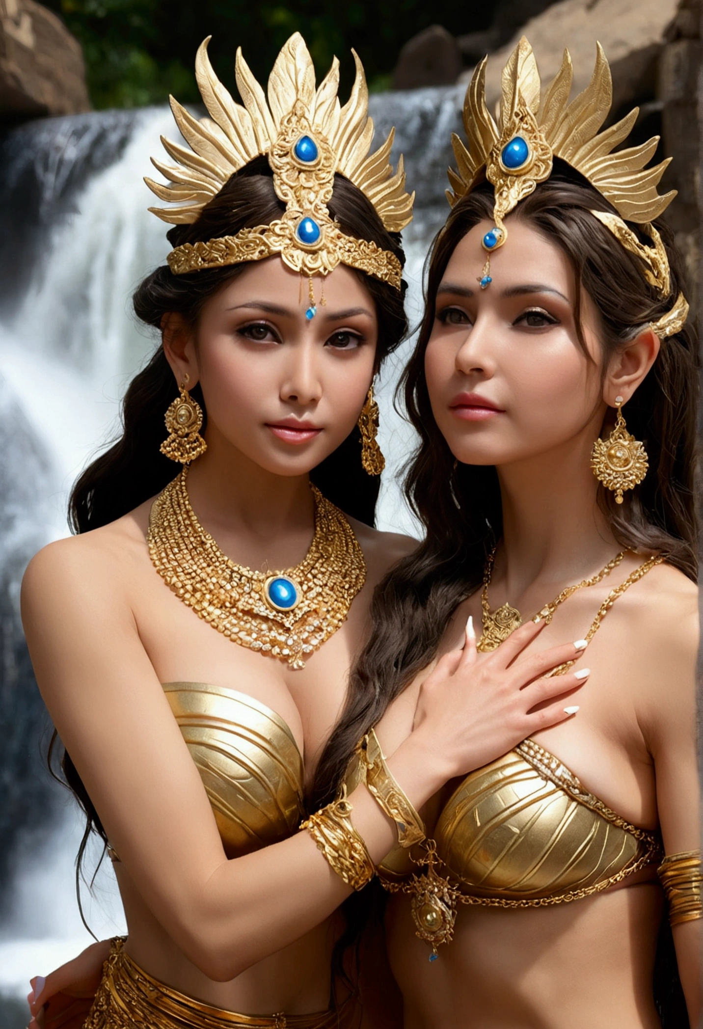 (masterpiece), full body, the best quality, expressive eyes, perfect face, beautiful details face, ((two female goddess:1.5)), ((mother and daughter:1.5)), ((grabbing each other breast)),((gold chain and tikka headpiece)), posing shows her Extremely busty and attractive body, perky breasts and aerola, (smirk), hair, (random hairstyles, shiny hair, ((naked body)), soaked on river, (bathing scene) beautiful details eyes, ( puppil eyes), glowing eyes, ((forehead jewel)) , (diamond hair orament),(natural round breasts:1.4), (peek nipple), thick body, upper and bottom body, (well accentuated curves), pink lips, white nails, mascara, Long eyelashes, (Extremely wide well defined hips:1.5), (beautiful massive thick muscular thighs:1.4), tight thick, thick thighs, has a tall slender figure, Extremely detailed skin texture, (beautiful detailed realistic muscle definition), (ultra-high quality model), proportionate, intense colouration fantasy, (fantasy ruins, beautiful background), random places, gold and silver flora pastel tetradic colours, hair ornament,silver earrings, cleavage, detached sleeves, jewelry, earring, posing in waterfall tample, aztec tample