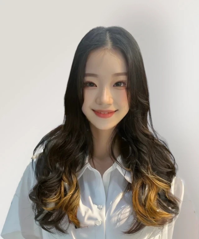Best Quality, 8k, Masterpiece, (Portrait: 1.3), (photo realistic:1.4), (hyper realistic:1.4), Sharp Focus, looking at viewer, (smoother lighting:1.1), (increase cinematic lighting quality:0.9), realistic lighting, backlighting, light on face, ray trace, (brightening light:1.2), (Increase quality:1.4), sharp detail, (best quality real texture skin:1.4), finely detailed eyes, black_eyes, finely detailed face, 25 year old Korean woman, (white formal_shirt:1.4), (Create an image maintaining the original base model hairstyle:1.5)