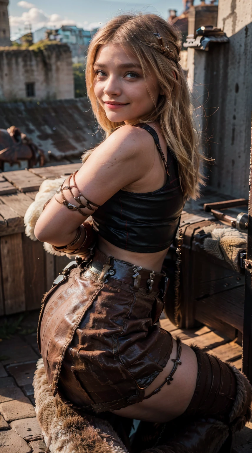 Masterpiece, Best quality,, (photorealistic1.4), (UHD), (epiCRealLife), (flashphoto), (Astrid Hofferson headband),  (photorealistic1.4), (cleavage), (medium breasts), (red tank top) (Chloe Grace Moretz), (chl03gm), (Astrid Hofferson armor  Costume), (astrid_Character outfit), (Astrid Armor) (AstridWaifu), ( (Medieval outdoor), (castle landscape), (daytime), (on castle rooftop), (from side), Chloe Grace Moretz smile), (poses for pictures), 