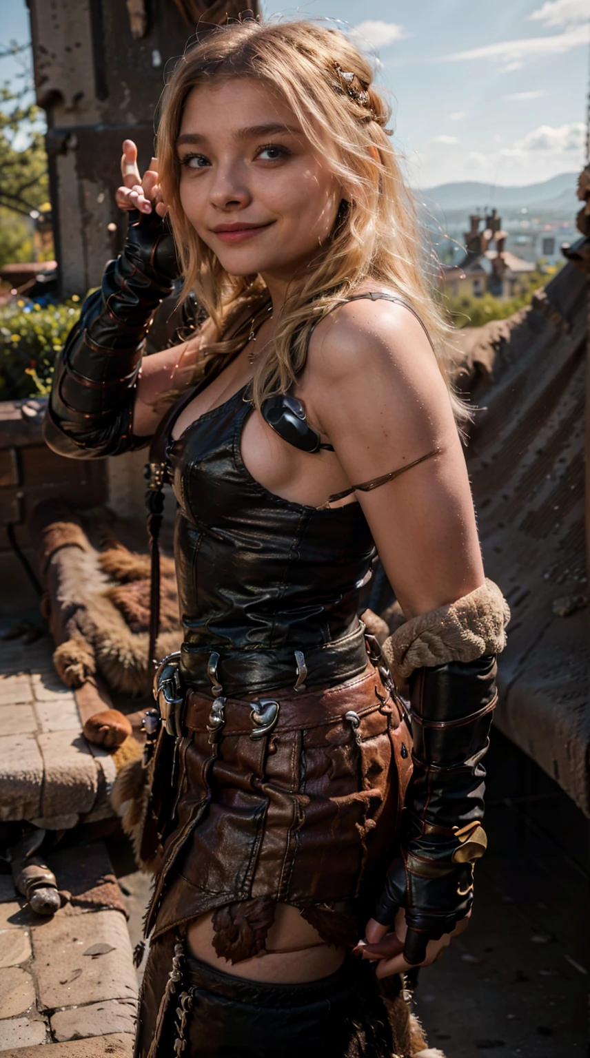 Masterpiece, Best quality,, (photorealistic1.4), (UHD), (epiCRealLife), (flashphoto), (Astrid Hofferson headband),  (photorealistic1.4), (cleavage), (medium breasts), (red tank top) (Chloe Grace Moretz), (chl03gm), (Astrid Hofferson armor  Costume), (astrid_Character outfit), (Astrid Armor) (AstridWaifu), ( (Medieval outdoor), (castle landscape), (daytime), (on castle rooftop), (from side), Chloe Grace Moretz smile), (poses for pictures), 