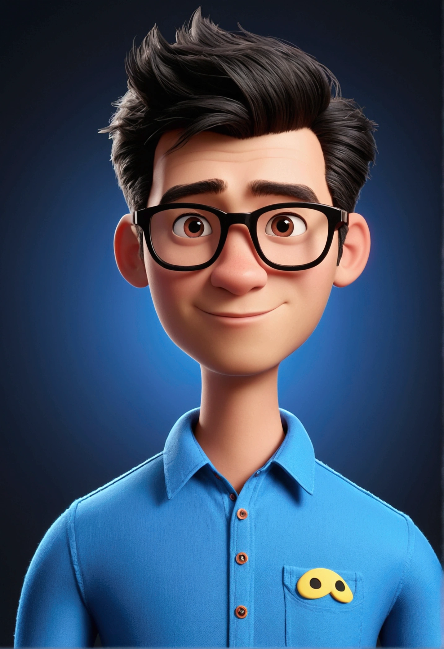 Cartoon character of a man in black glasses and blue shirt, an animated character, stylized character, animation style rendering, 3d stylized, Arnold Maya rendering, Stylized 3D rendering, toon render screenshot, 3d character, 3d character, Stylized 3D rendering, 3D character rendering, cartoon character, Personagem de close up, character posing, (Pixar-style) (master part:1.2) (bokeh) (best qualityer) (skin detailed) (detailed texture) (8k) (Argilla) (cinematic lighting) (sharp focus,Sit down and lift your upper body