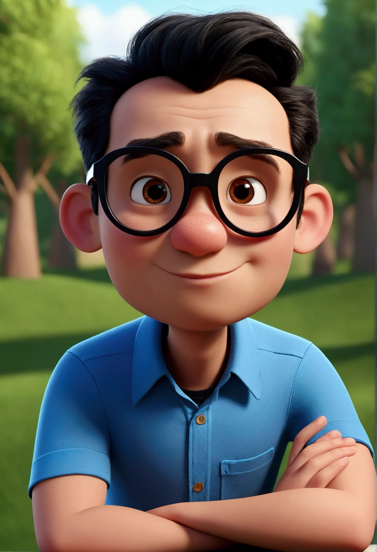 Cartoon character of a man in black glasses and blue shirt, an animated character, stylized character, animation style rendering, 3d stylized, Arnold Maya rendering, Stylized 3D rendering, toon render screenshot, 3d character, 3d character, Stylized 3D rendering, 3D character rendering, cartoon character, Personagem de close up, character posing, (Pixar-style) (master part:1.2) (bokeh) (best qualityer) (skin detailed) (detailed texture) (8k) (Argilla) (cinematic lighting) (sharp focus,Sit down and lift your upper body