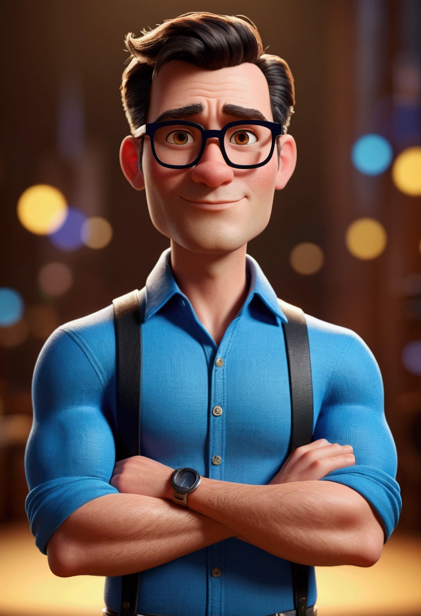 Cartoon character of a man in black glasses and blue shirt, an animated character, stylized character, animation style rendering, 3d stylized, Arnold Maya rendering, Stylized 3D rendering, toon render screenshot, 3d character, 3d character, Stylized 3D rendering, 3D character rendering, cartoon character, Personagem de close up, character posing, (Pixar-style) (master part:1.2) (bokeh) (best qualityer) (skin detailed) (detailed texture) (8k) (Argilla) (cinematic lighting) (sharp focus,Sit down and lift your upper body
