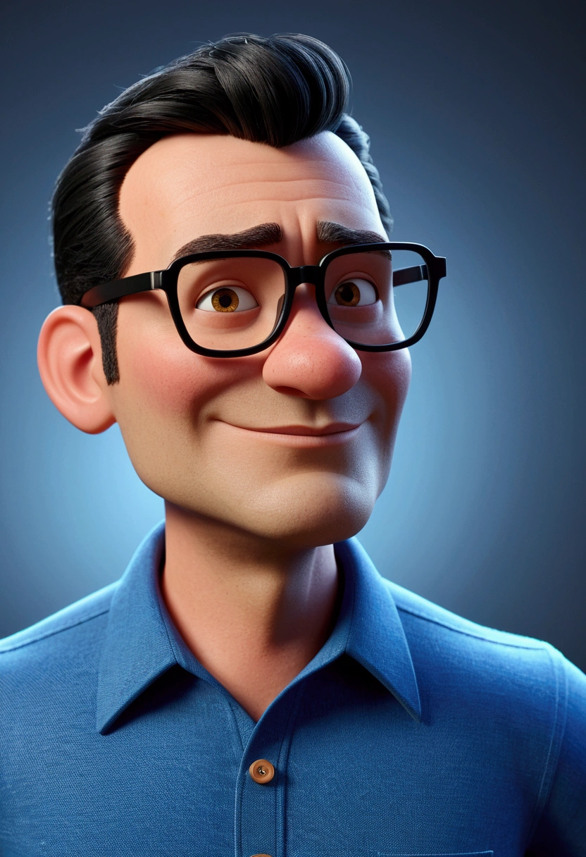 Cartoon character of a man in black glasses and blue shirt, an animated character, stylized character, animation style rendering, 3d stylized, Arnold Maya rendering, Stylized 3D rendering, toon render screenshot, 3d character, 3d character, Stylized 3D rendering, 3D character rendering, cartoon character, Personagem de close up, character posing, (Pixar-style) (master part:1.2) (bokeh) (best qualityer) (skin detailed) (detailed texture) (8k) (Argilla) (cinematic lighting) (sharp focus,Sit down and lift your upper body