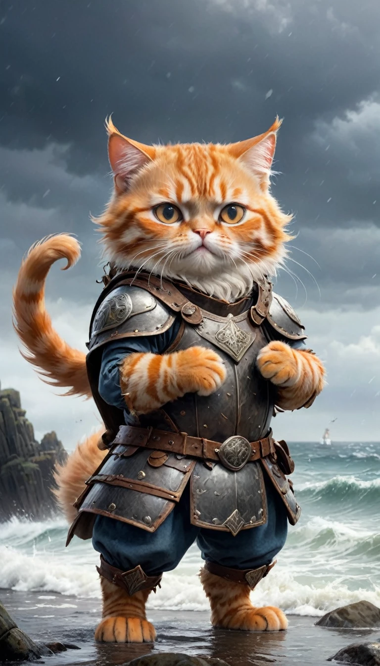  small, かわいいto be bornき物, Wearing Viking Armor、 whole body,small , Are standing, Costume, Stormy Sea、 Fantasy art, Exquisite detail, Jean-Baptiste Monge Style, office、Alan Lee Style, Anthropomorphic, Fat, Big-eyed orange cat, Movie Scenes, Dramatic shot angles, , Realistic, to be born々Stunning cinematic photorealism, Action Portrait, 8k, detailed, Full Frame