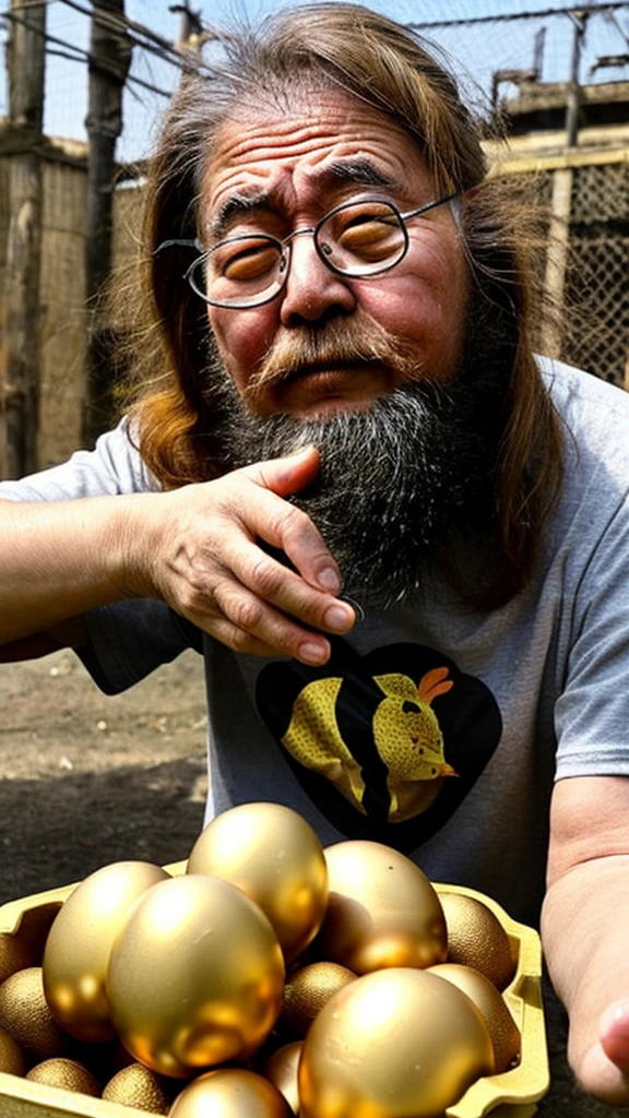 T-shirt of a chicken that lays golden eggs, a lot of golden eggs, Japanese, old man, fat, long hair, beard, protruding eyes, black eyeballs, sweating