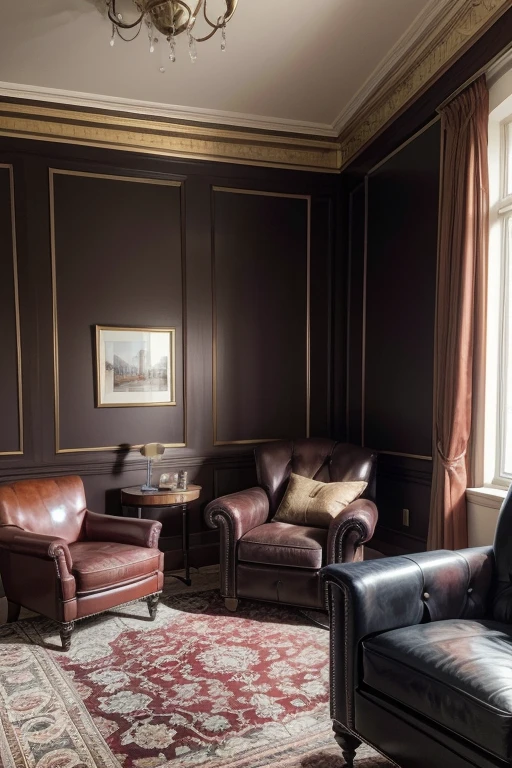 (office room decoration), Modern living room with window, David Lynch style, with red velvet curtains, dark blue wall; 1 brown leather divan, persian rug; 1 brown leather armchair facing the divan; Lighting; A single large painting behind Emile Bernard's couch, a shelf with an African sculpture; without chandelier