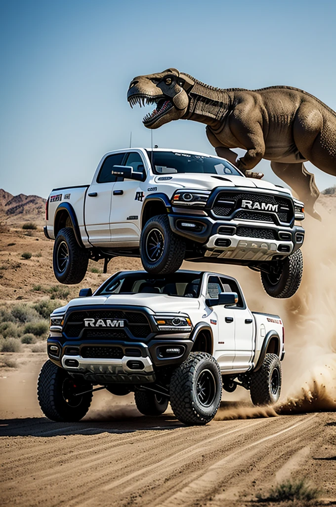 A Ram 1500 TRX racing a T-Rex 