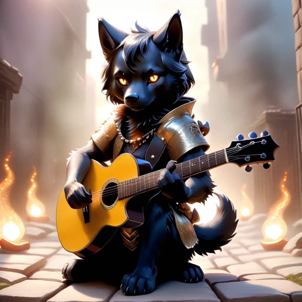 ethereal fantasy concept art of  (Highest Quality, 4k, masterpiece:1.1), (realism, photorealistic:1.4), ray traced, hyper realism, soft lighting, detailed background, film grain, (detailed fur texture:1.3),
BREAK
((black metal)) anthro shiba inu plays his guitar on the last day on earth ,(wearing black metal outfit),(( post-apocalyptic destroyed dieselpunk city background)) , fangs , angry, paws,(new dawn), (aurora borealis) , closeup, high quality photography, 3 point lighting, flash with softbox, 4k, Canon EOS R3, hdr, smooth, sharp focus, high resolution, award winning photo, 80mm, f2.8, bokeh . magnificent, celestial, ethereal, painterly, epic, majestic, magical, fantasy art, cover art, dreamy