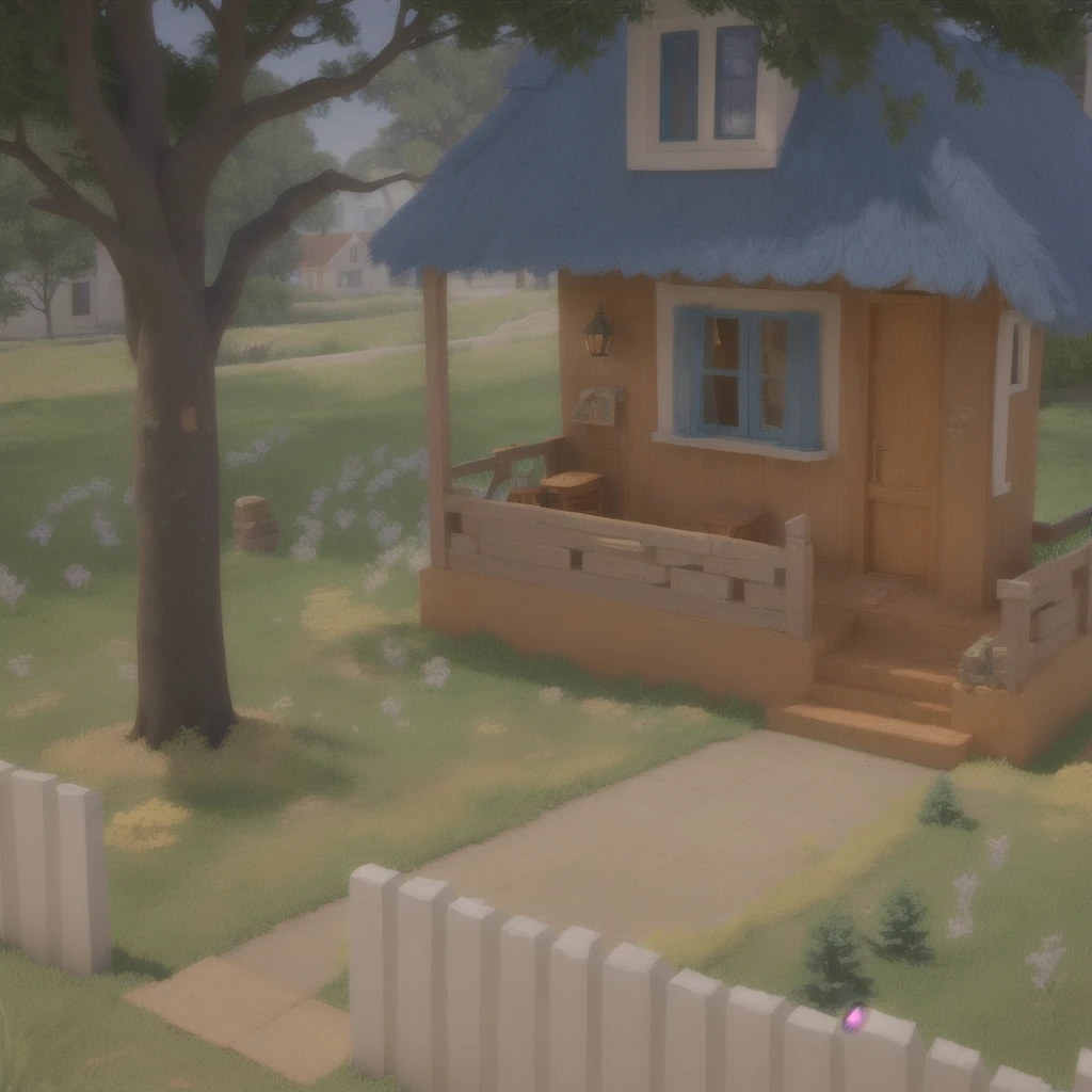 há umthe little house vermelha com telhado azul e uma cerca, 3D stylized scene, Game Graphics, the little house, citys, renderizado em unidade 3 d, animation still, animation style rendering, casa citys moderna, neighborhood, cartoon rendering, video game still, realistic establishing shot, hyper detailed scene, casa de neighborhood, citys, Rendering.