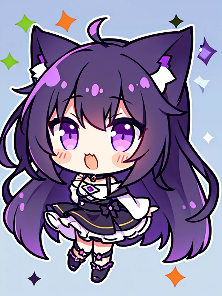 Generate an image from a ,with cat ears,black wavy hair,sharp purple eyes,generate a tuber png image with other expressions in chibi format
