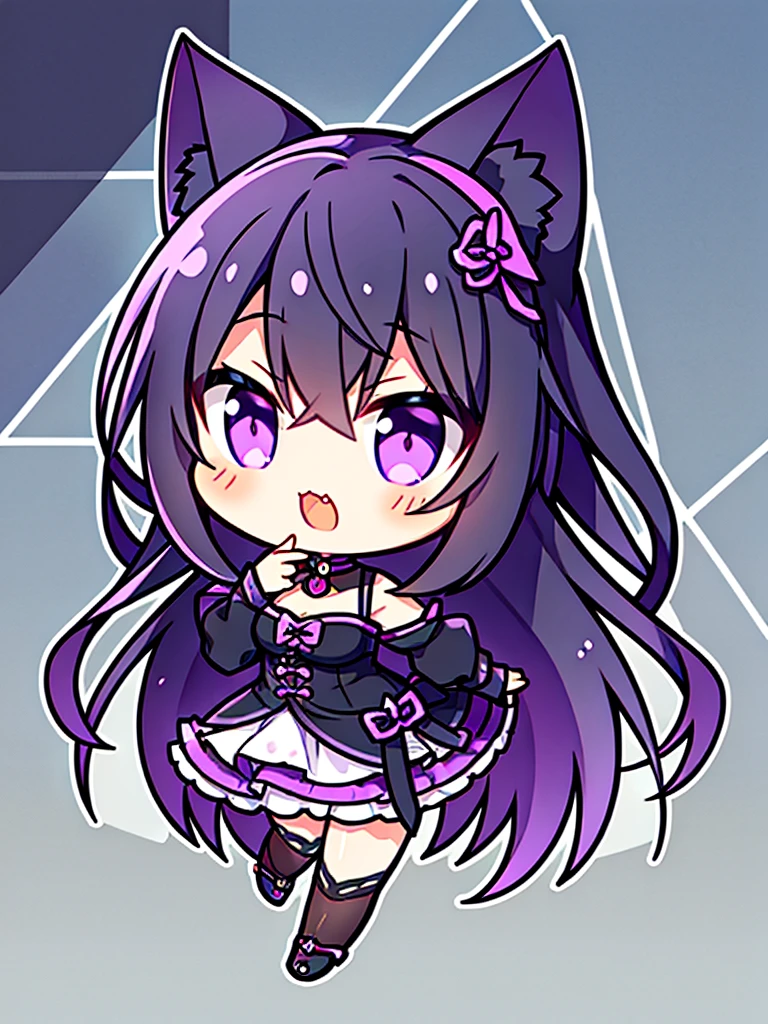 Generate an image from a ,with cat ears,black wavy hair,sharp purple eyes,generate a tuber png image with other expressions in chibi format