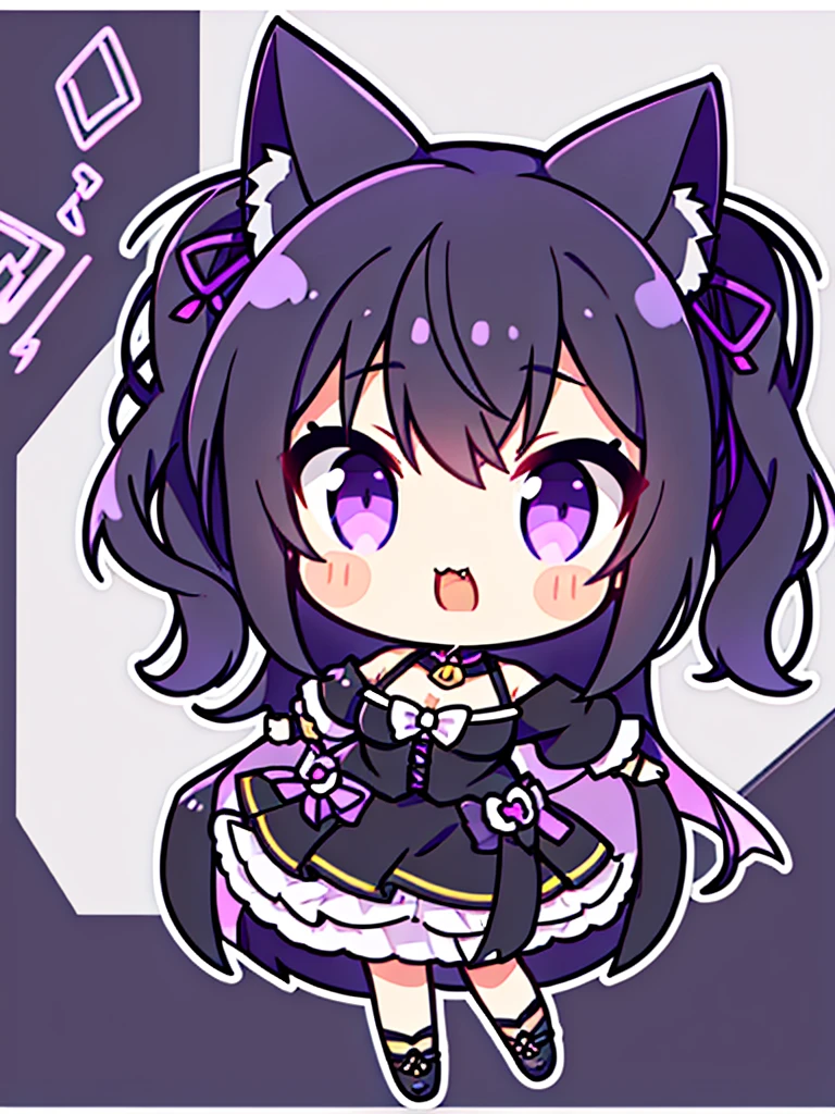 Generate an image from a ,with cat ears,black wavy hair,sharp purple eyes,generate a tuber png image with other expressions in chibi format
