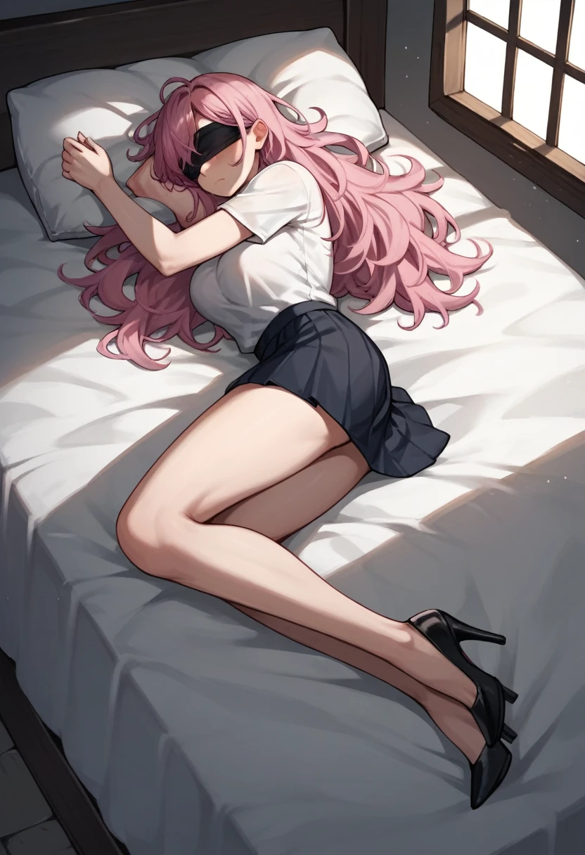 score_9, score_8_up, score_7_up, score_6_up, score_5_up, score_4_up, source_anime, 1girl, bed, She was lying down, sexy pose, pink hair, long hair, blindfold, sleeping, messy hair, white shirt, skirts, black high heels, night, windows, dungeon, best quality, best res, 4K UHD,