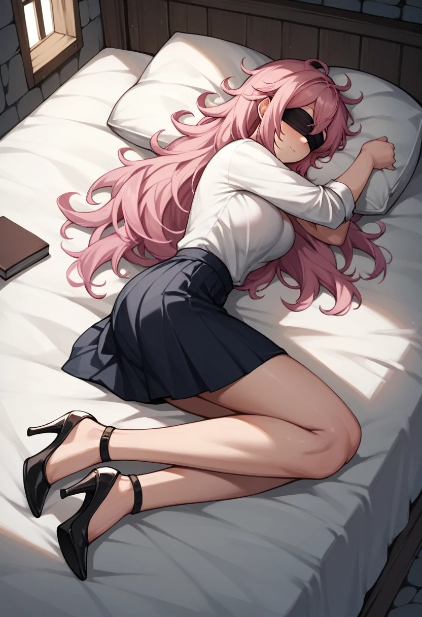 score_9, score_8_up, score_7_up, score_6_up, score_5_up, score_4_up, source_anime, 1girl, bed, She was lying down, sexy pose, pink hair, long hair, blindfold, sleeping, messy hair, white shirt, skirts, black high heels, night, windows, dungeon, best quality, best res, 4K UHD,