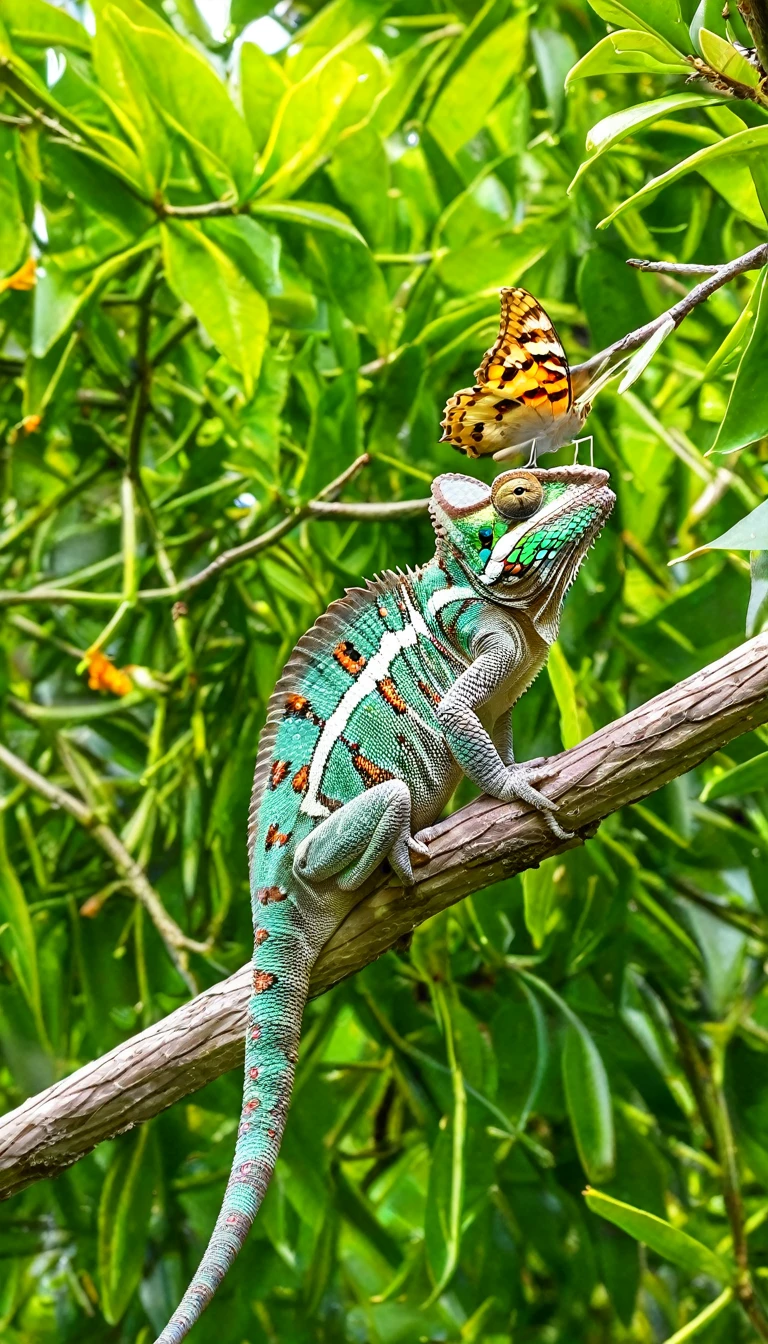 A chameleon sticking out its tongue at a butterfly resting on a tree branch