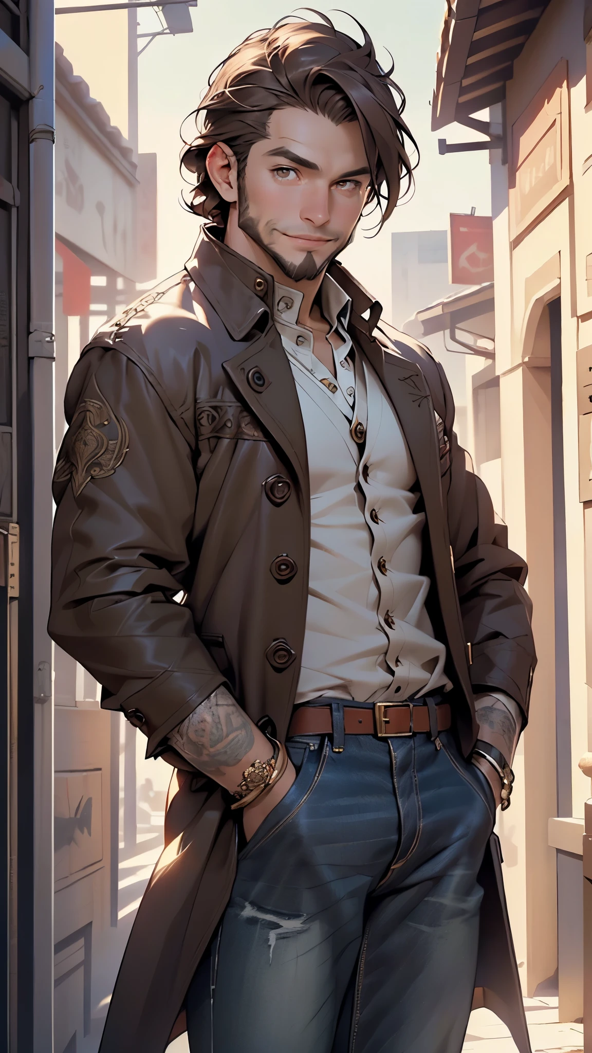(male:1.5), muscle, 1boy, big muscle, pectoral, muscular, Mature man,45 year old man,adult,1 man, old macho man,an extremely detailed face, (((brown_eyes:1.3))),intricate eyes,beautiful detailed eyes,symmetrical eyes,short hair,(((red very short beard, red very short beard))), gold eyes, red hair,perfect face, red hair, nice hair style,(perfect hands, five fingers), ((detailed face)),
smile,
(ultra-detailed:1.3), beautiful detailed glow, finely detailed, ultra-detailed,
arabian,elegant,
(open coat, arabian fashion,arabian coat, jeans,white shirt, masculine features, modern style,arabian clothes),(((dark brown coat, dark brown coat outfit, wearing a dark brown coat:1.3,arabian dark brown coat))),(arabian jewelry,intricate necklace),((bulge in pants)),(((intricate outfit,intricate clothes,ornate outfit))),
(dynamic pose:1.0),embarrassed,(centered,scale to fit dimensions,Rule of thirds),
inside,indoor,((palace in Arabia, palace in Arabia background)),scenery:1.25,((intricate scenery)),
(Glossy winter ornaments),highres,sharp focus,(ultra detailed,extremely detailed),(photorealistic artwork:1.37),(extremely detailed CG unity 8k wallpaper),(((vibrant colors,vibrant theme))),(intricate),(masterpiece),(best quality),artistic photography,(photography taken by sldr),(intricate background),perfect rendered face,perfect face details,realistic face,photo realistic,((intricate detail)),(((realism))),