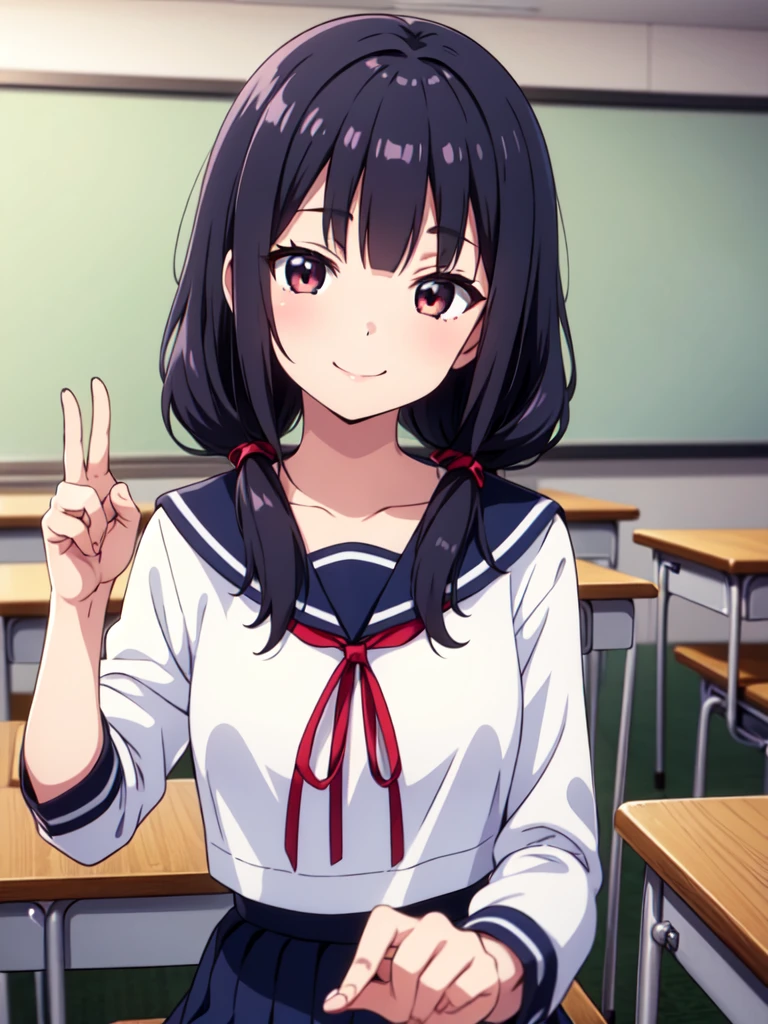 1girl, sitting, arm in front, hand up in chest, contracted arms, (palms:1.4), (open hand), spread fingers, outstretched fingers, (head tilt), smile, ,
classroom, indoors, school chair, school desk, (low twintails girl), low pigtails, red ribbon on hair, very long black hair,
navy-blue collar, white serafuku with blue ribbon, navy-blue skirt,
(dark brown eye), afternoon, summer,
school,
(from front:1.4), upper body,
anime, high brightness, detailed face, detailed eyes,
(high quality, ultra detailed, masterpiece, super detail, highres, anatomically correct, UDH),
Japanese anime style, extremely cute, good hands, good fingers