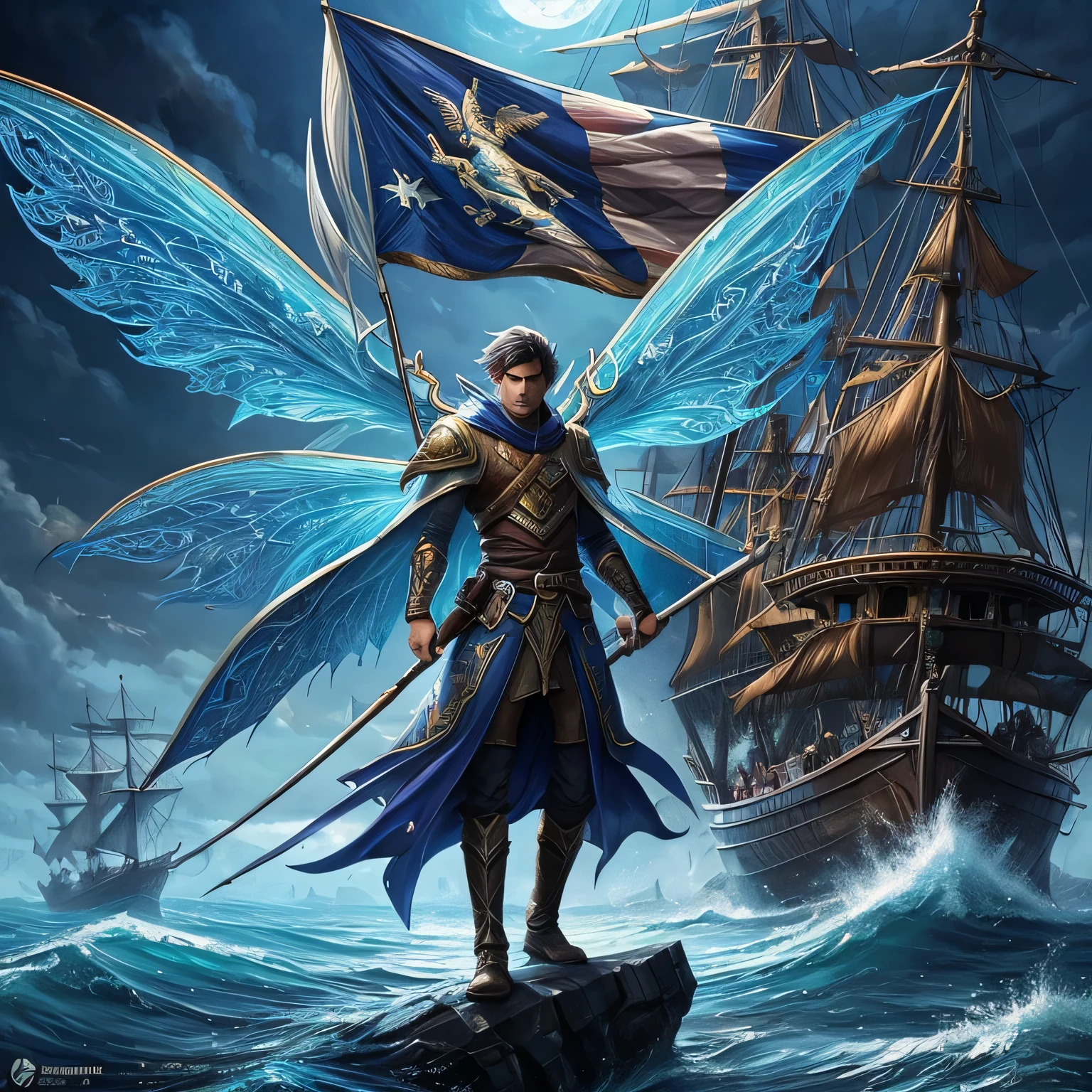 a close up of a person on a boat with a flag, memegang tiang bendera lancip, 2. 5 d cgi anime fantasy artwork, highly detailed fantasy art, detailed fantasy digital art, detailed digital 2d fantasy art, anime fantasy artwork, epic fantasy digital art style, detailed fantasy art, anime fantasy illustration, high quality fantasy art, epic fantasy art style hd, fantasy art behance