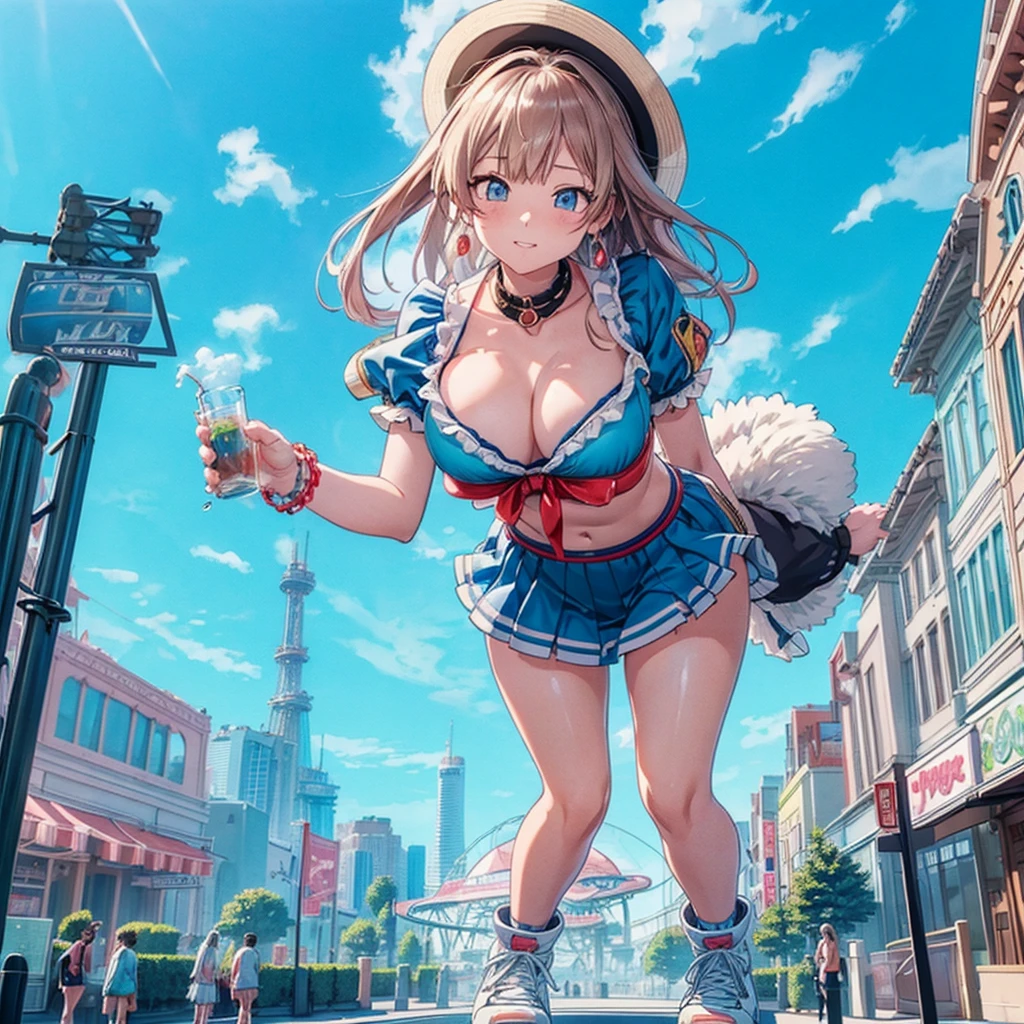 masterpiece Unreal Engine Anime Style Delicate painting 4K 90's giant crowd amusement park ((amusement parkに立っている巨大な黒髪の水着の女の子)) clown stuffed toy roller coaster Merry-go-round crowd Big Breasts sneakers Bikini Swimwear paola Straw hat smile blue sky cumulonimbus Contrail female giant giant girl Whole body Destroyed skyscrapers Destroyed cars Crowd Unreal Engine,cleavage ,a drawing of a , earrings, long hair, 1980s (style) Cute picture Beauty Analog style whole body sneakers