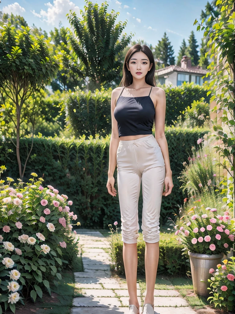 1 girl,One-leg stand,Leg lift,Socks,腿Socks,underwear,garden,Flowers,Blue sky,Looking at the audience,photoPractical,Practical,solitary,wearing hot-pink silk short with ruffles
and crop top with puff and ruffles