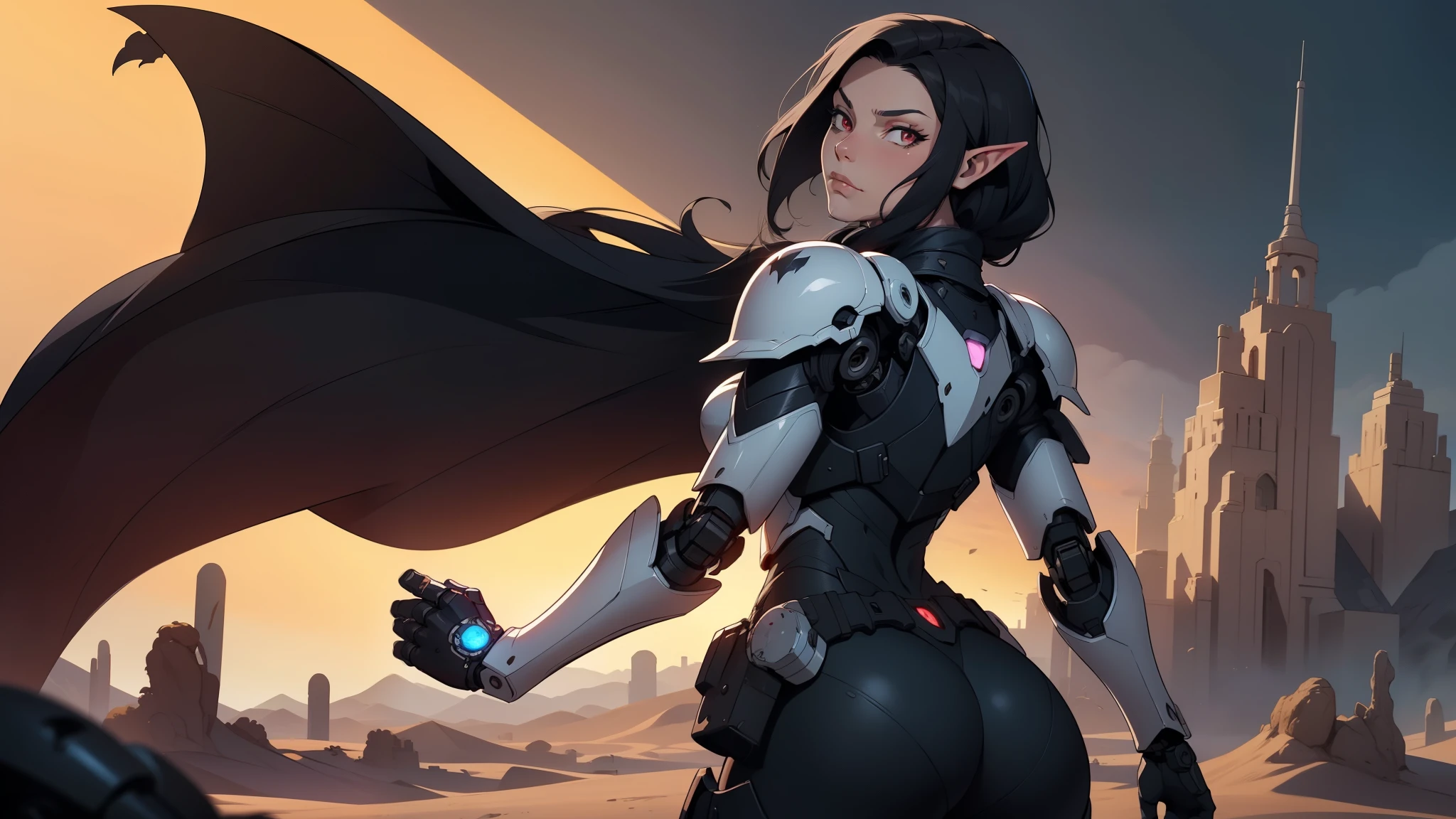 high quality, 4K, masterpiece, Beautiful, cyborg girl, cowboy shot, dull eyes, rear, I turn around, to look at the viewer, long светлые волосы, girl, , suitable for thigh, robotic weapons, robotic body, cyborg body, yellow accent, editorial, complex part, compound, detailed lines, Robotic part, raising your fist, holding your hand like a fist, colored robotic parts, robotic parts with color, perfect fingers, on a desert planet, Solar background, colorful desert,,((masterpiece, top quality)), detailed face, masterpiece, Best quality, 1 adult woman, female focus, One, Dark black hair, Bright red eyes, long волосы, Looking at the viewer, closed mouth((1 drow dark knight)), heavy night mare battle armor, shillien knight, Sword and shield, gray skin, Best quality, masterpiece, a high resolution,,Create adorable art, вдохновленный Lineage 2, with the image of a female dark elf, known as the ghost knight. The stage must convey her elegance and deadly prowess, highlighting Lineage 2's unique aesthetic. She must have sharp elven features, long, flowing silver hair, piercing blue eyes and pointed ears. Her outfit should be dark, smooth armor and mystical elements, decorated with intricate patterns and glowing runes. She is in a dynamic, action-oriented posture, holding double daggers with an unearthly glow. The background should be a dark mystical forest or an ancient ruined temple with a moonlit sky, casting an eerie glow. T, imaginative art of Lineage 2, with bright flowers, Dramatic lighting, depth of field, natural soft light, professional lighting, (highly detailed leather: 1. 2)、Photorealistic anime render、Bright highlights of the eyes、Ideal Anatomy、Romance is open、dampness、8K resolution、complex parts, 8K resolution, complex parts, thin waist, Wide buttocks, eff