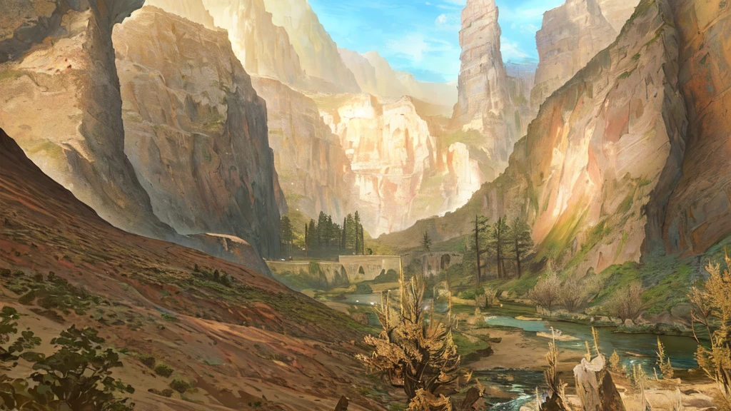 there is a picture of a mountain scene with a river, canyon background, detailed trees and cliffs, sheer cliffs surround the scene, mountainous area, desert scenery, grassy plains, ps1 game landscape, fantasy plains, mysterious canyon streams, canyon, mountainous setting, detailed scenery, velly distant forest, forgotten valley, green cyrodiil plains