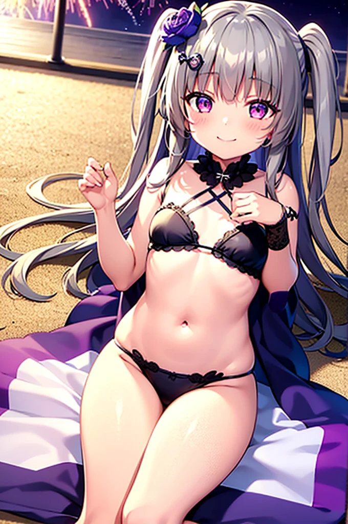 Himari Meimei, masterpiece, Voluptuous thighs, petit body, little young girl, flat chest, {1 Girl}, Cute and erotic smile, Highly detailed sparkling purple eyes, summer night, fireworks, 困り眉, open legs, legs up, brilliant silver grey hair, lying on beach bed,