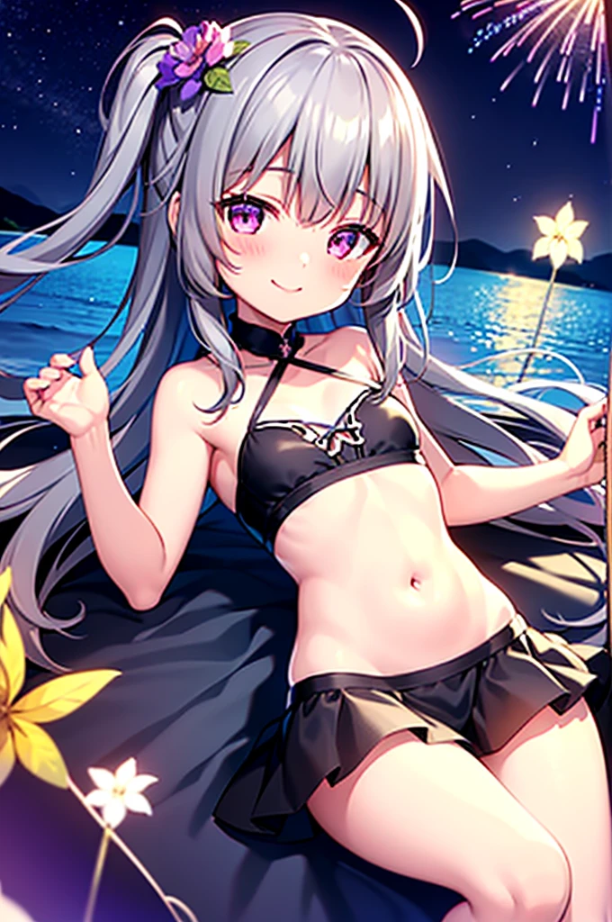 Himari Meimei, masterpiece, Voluptuous thighs, petit body, little young girl, flat chest, {1 Girl}, Cute and erotic smile, Highly detailed sparkling purple eyes, summer night, fireworks,  困り眉, open legs, legs up, brilliant silver grey hair, lying on beach bed, 