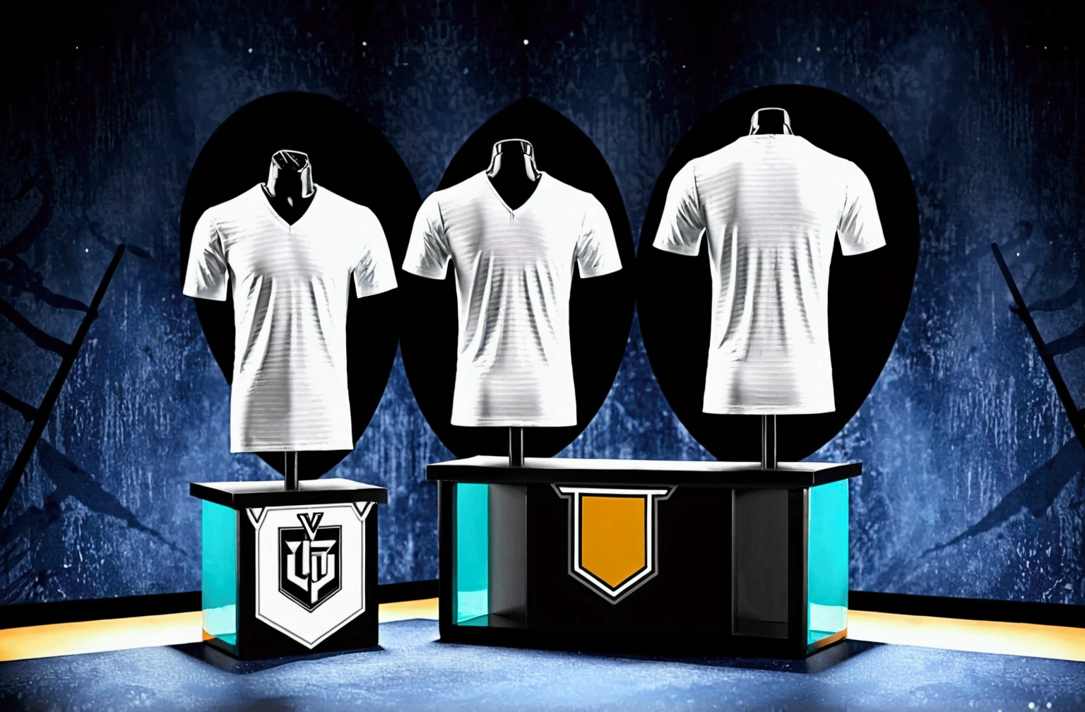 The image shows a mannequin dressed in a white shirt placed in front and back a black V-neck background