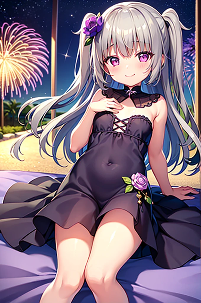 Himari Meimei, masterpiece, Voluptuous thighs, petit body, little young girl, flat chest, {1 Girl}, Cute and erotic smile, Highly detailed sparkling purple eyes, summer night, fireworks,  困り眉, open legs, legs up, brilliant silver grey hair, lying on beach bed, 