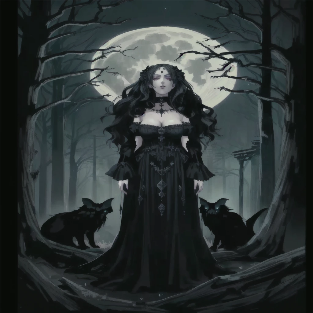 a woman in a black dress standing in front of a full moon, dark fantasy style art, gothic fantasy art, gothic maiden of the dark, in style of dark fantasy art, gothic maiden, dark fantasy art, hecate, gothic art style, hecate goddess, fantasy dark art, gothic art, dark fantasy horror art, gothic maiden anime girl, gothic wraith maiden