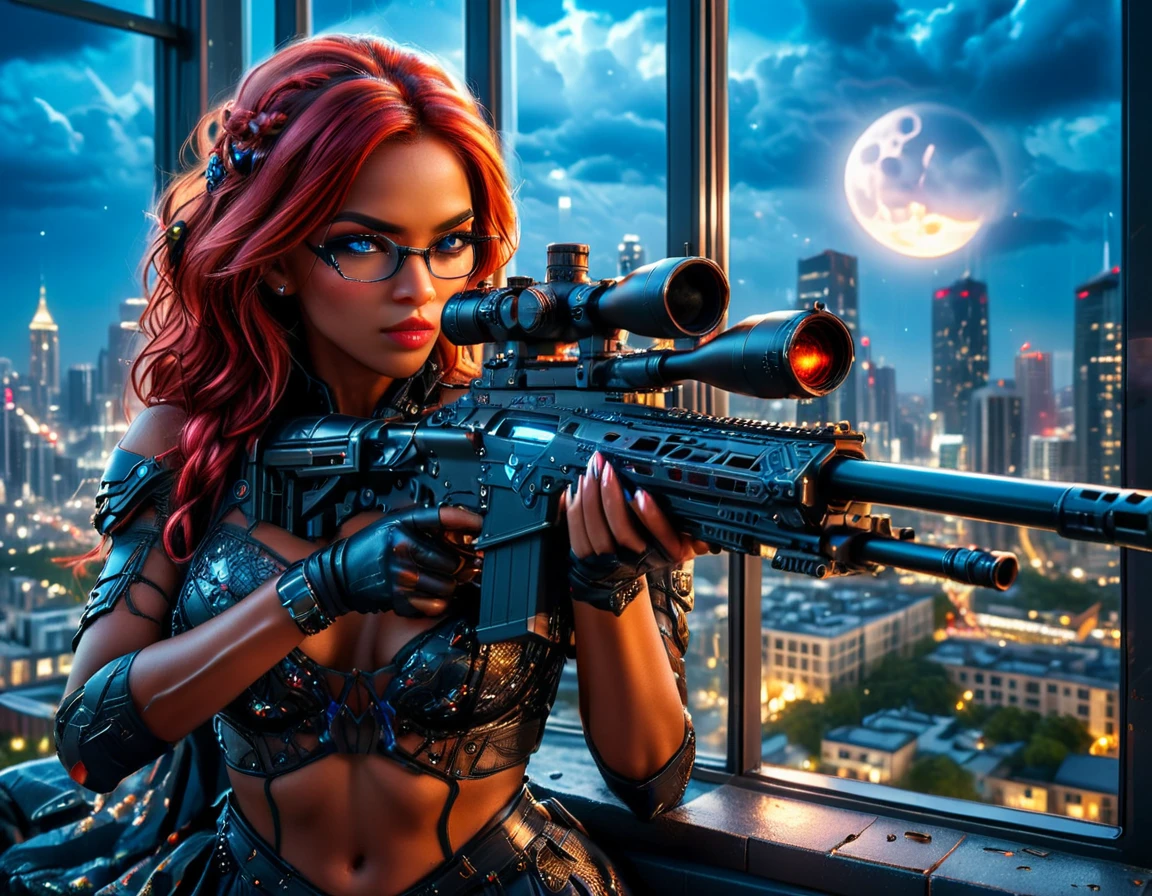a portrait picture of a 1single woman sniper, standing in a window aiming a sniper rifle, an exotic beautiful woman sniper, red hair, braided hair, (black skin: 1.3), intense blue eyes, wearing intricate glasses ultra detailed face, wearing intricate evening dress, elegant dress, dynamic color, dynamic style, wearing elegant stiletto heels , behind a window in a tall building at nigh, aiming a Light Sniper Rifle , cyberpunk city background, its night time, moon rays, some clouds,  (full body shot: 1.1) , vibrant, Ultra-high resolution, High Contrast, (masterpiece:1.5), highest quality, Best aesthetics), best details, best quality, highres, ultra wide angle, 16k, [ultra detailed], masterpiece, best quality, (extremely detailed) Sniper Rifle, Intense gaze
