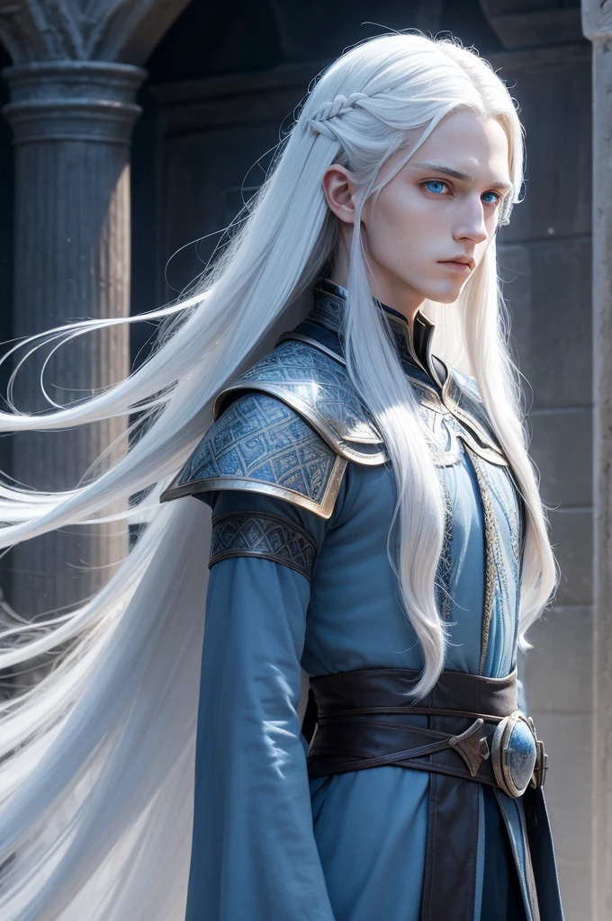 A young man descended from ancient Valyria, long white hair, blue colored eyes, slender face 
