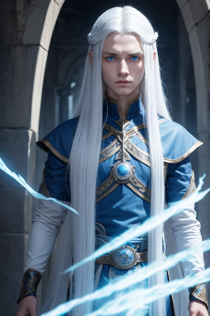 A young man descended from ancient Valyria, long white hair, blue colored eyes, slender face