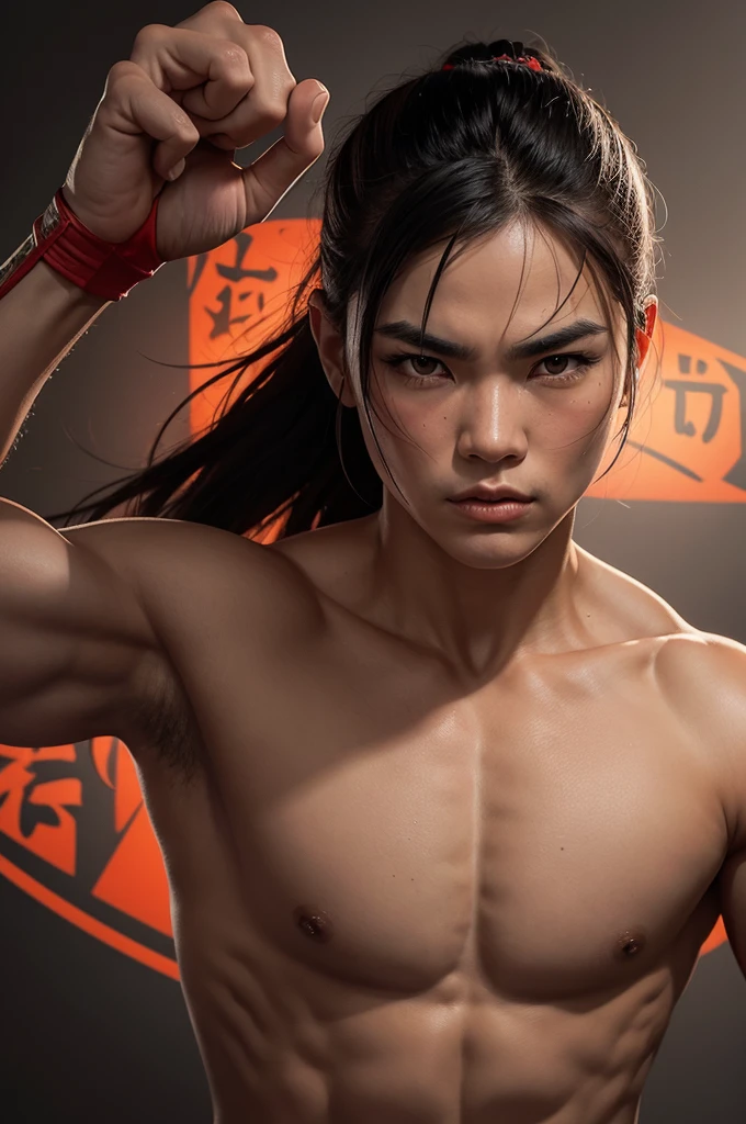 . "Stylized portrait of a Boxer warrior in a fighting pose, with Chinese characters in the background"