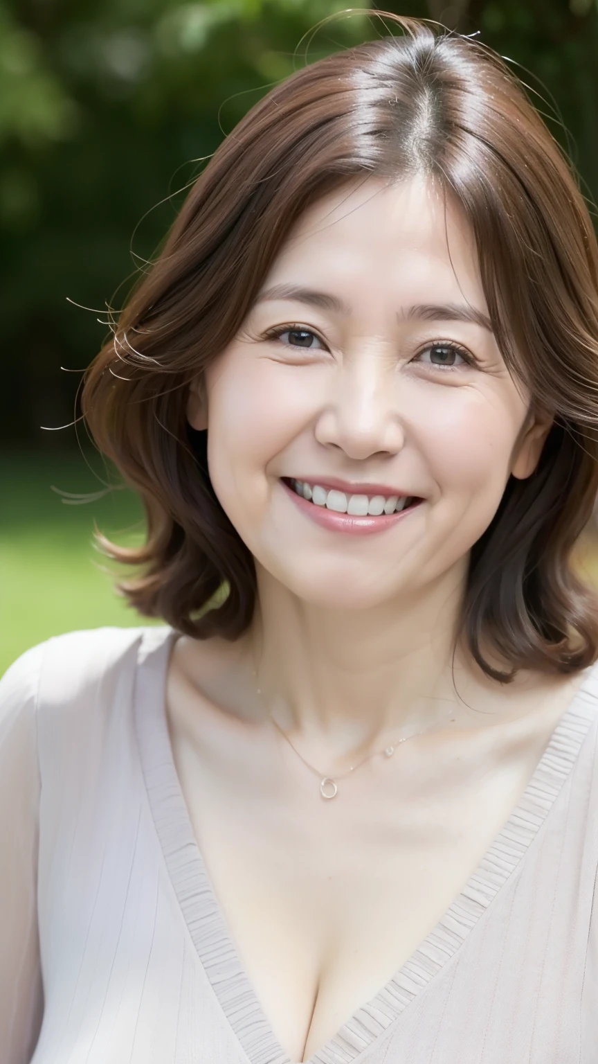 最high quality, In 8K, Structure from knee to top of head,, Genuine, Sharp focus, high quality, High resolution, Detailed face, fine grain, Thick lips, Background Blur, alone, Middle-aged women, , 65 years old, , Wavy Hair, Cleavage, Wearing a plain short-sleeved knit, Standing in the park, Wrinkles around the eyes, Smiling with teeth showing
